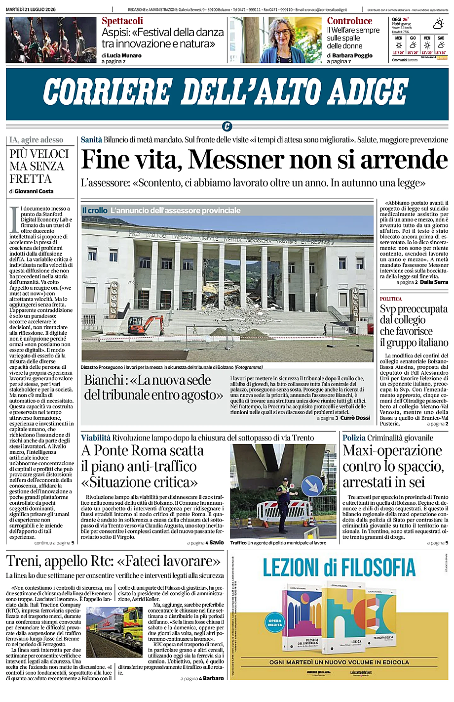 Prima pagina Corriere dell'Alto Adige di oggi - Edicola 21 Luglio 2026