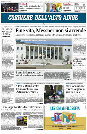 Prima pagina Corriere dell'Alto Adige di oggi - Quotidiano regionale