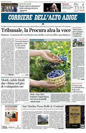 Prima pagina Corriere dell'Alto Adige di oggi - Quotidiano regionale