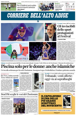 Prima pagina Corriere dell'Alto Adige di oggi - Quotidiano regionale