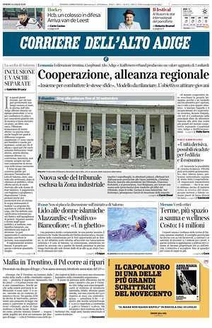 Prima pagina Corriere dell'Alto Adige di oggi - Quotidiano regionale