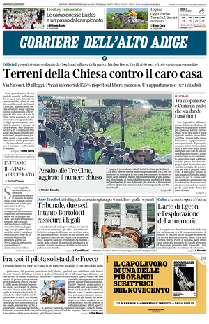 Prima pagina Corriere dell'Alto Adige di oggi - Quotidiano regionale