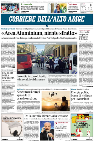Prima pagina Corriere dell'Alto Adige di oggi - Quotidiano regionale