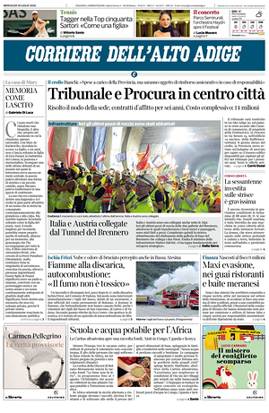 Prima pagina Corriere dell'Alto Adige di oggi - Quotidiano regionale