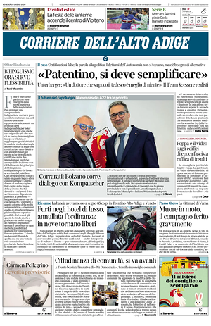 Prima pagina Corriere dell'Alto Adige di oggi - Quotidiano regionale
