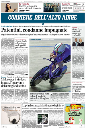 Prima pagina Corriere dell'Alto Adige di oggi - Quotidiano regionale