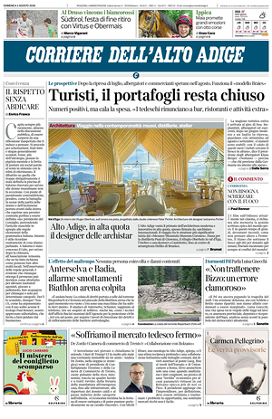 Prima pagina Corriere dell'Alto Adige di oggi - Quotidiano regionale