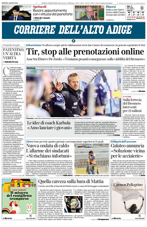 Prima pagina Corriere dell'Alto Adige di oggi - Quotidiano regionale