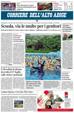 Prima pagina Corriere dell'Alto Adige di oggi - Quotidiano regionale