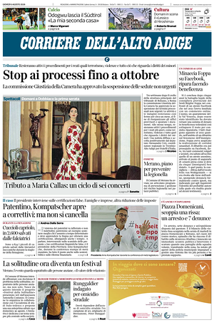 Prima pagina Corriere dell'Alto Adige di oggi - Quotidiano regionale