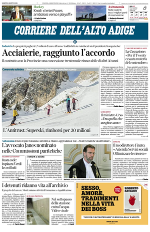 Prima pagina Corriere dell'Alto Adige di oggi - Quotidiano regionale