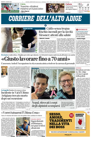 Prima pagina Corriere dell'Alto Adige di oggi - Quotidiano regionale