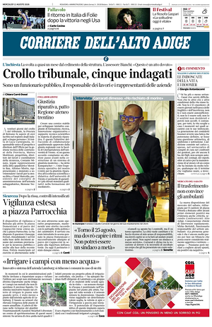 Prima pagina Corriere dell'Alto Adige di oggi - Quotidiano regionale