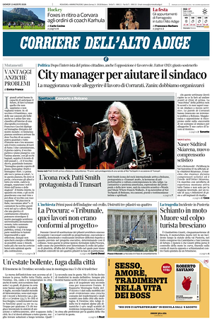 Prima pagina Corriere dell'Alto Adige di oggi - Quotidiano regionale