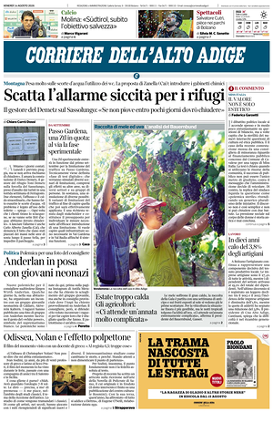 Prima pagina Corriere dell'Alto Adige di oggi - Quotidiano regionale