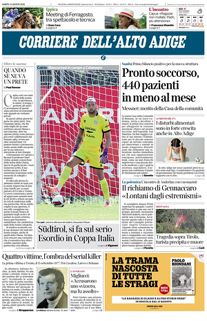 Prima pagina Corriere dell'Alto Adige di oggi - Quotidiano regionale