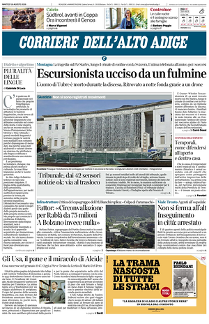 Prima pagina Corriere dell'Alto Adige di oggi - Quotidiano regionale