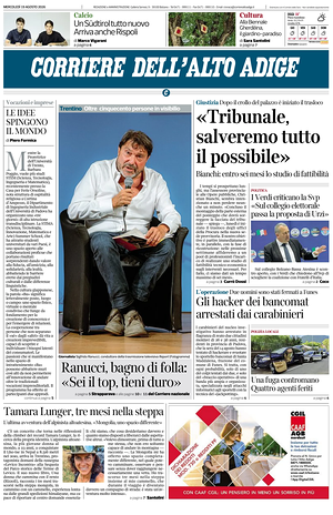 Prima pagina Corriere dell'Alto Adige di oggi - Quotidiano regionale