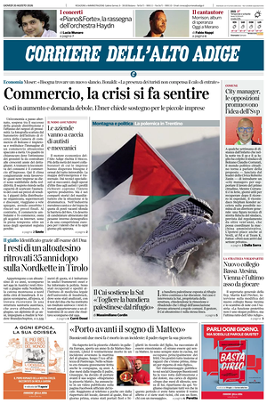 Prima pagina Corriere dell'Alto Adige di oggi - Quotidiano regionale
