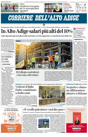 Prima pagina Corriere dell'Alto Adige di oggi - Quotidiano regionale