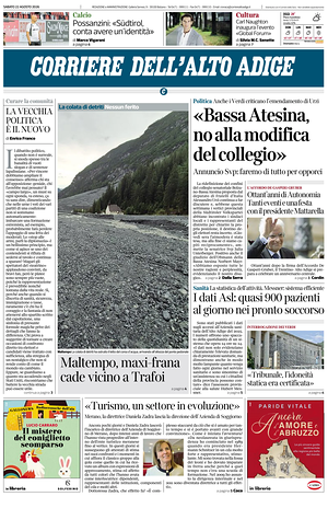 Prima pagina Corriere dell'Alto Adige di oggi - Quotidiano regionale