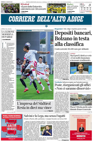 Prima pagina Corriere dell'Alto Adige di oggi - Quotidiano regionale