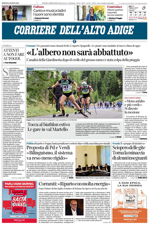 Prima pagina Corriere dell'Alto Adige di oggi - Quotidiano regionale