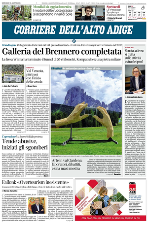 Prima pagina Corriere dell'Alto Adige di oggi - Quotidiano regionale