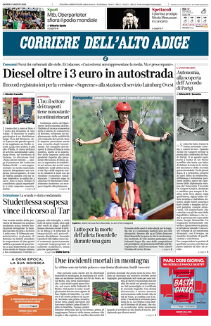 Prima pagina Corriere dell'Alto Adige di oggi - Quotidiano regionale