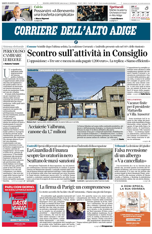 Prima pagina Corriere dell'Alto Adige di oggi - Quotidiano regionale