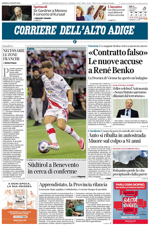 Prima pagina Corriere dell'Alto Adige di oggi - Quotidiano regionale
