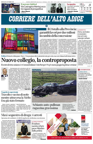 Prima pagina Corriere dell'Alto Adige di oggi - Quotidiano regionale