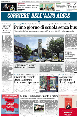 Prima pagina Corriere dell'Alto Adige di oggi - Quotidiano regionale