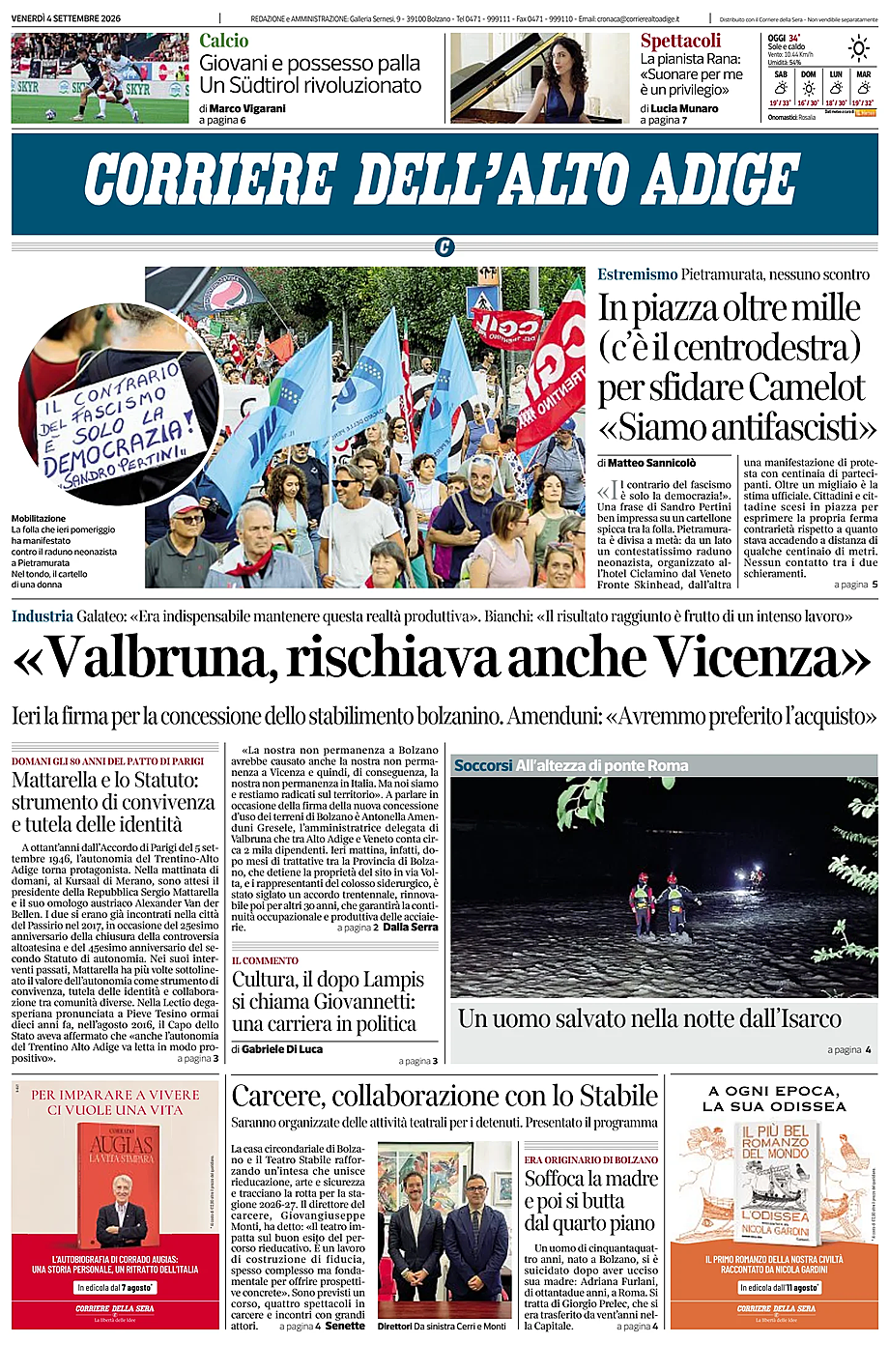 Prima pagina Corriere dell'Alto Adige di oggi - Edicola 4 Settembre 2026