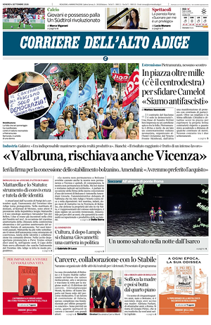 Prima pagina Corriere dell'Alto Adige di oggi - Quotidiano regionale