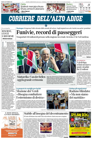 Prima pagina Corriere dell'Alto Adige di oggi - Quotidiano regionale
