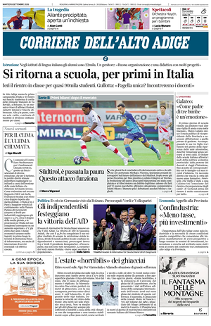 Prima pagina Corriere dell'Alto Adige di oggi - Quotidiano regionale