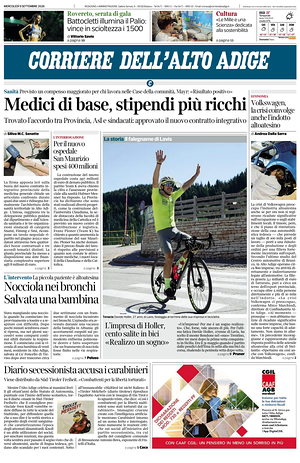 Prima pagina Corriere dell'Alto Adige di oggi - Quotidiano regionale