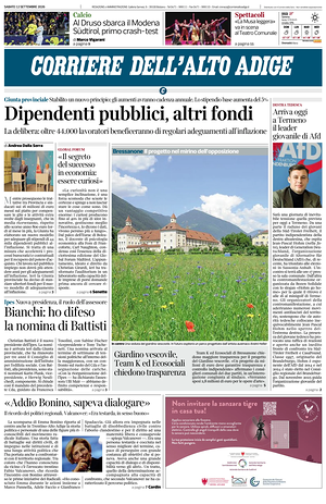 Prima pagina Corriere dell'Alto Adige di oggi - Quotidiano regionale