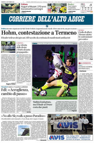 Prima pagina Corriere dell'Alto Adige di oggi - Quotidiano regionale