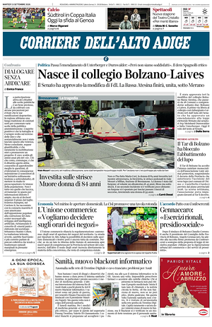 Prima pagina Corriere dell'Alto Adige di oggi - Quotidiano regionale