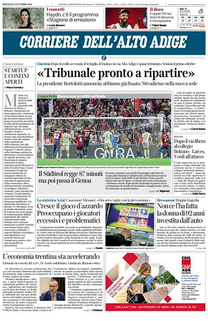 Prima pagina Corriere dell'Alto Adige di oggi - Quotidiano regionale