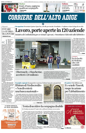 Prima pagina Corriere dell'Alto Adige di oggi - Quotidiano regionale