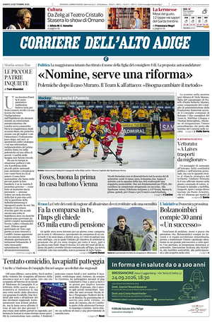 Prima pagina Corriere dell'Alto Adige di oggi - Quotidiano regionale