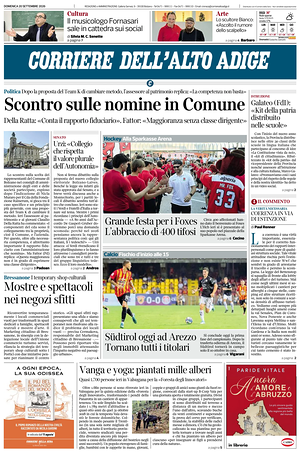 Prima pagina Corriere dell'Alto Adige di oggi - Quotidiano regionale
