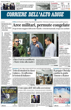Prima pagina Corriere dell'Alto Adige di oggi - Quotidiano regionale