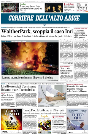 Prima pagina Corriere dell'Alto Adige di oggi - Quotidiano regionale