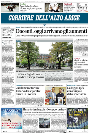 Prima pagina Corriere dell'Alto Adige di oggi - Quotidiano regionale