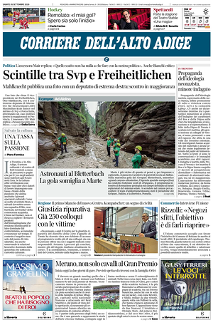 Prima pagina Corriere dell'Alto Adige di oggi - Quotidiano regionale
