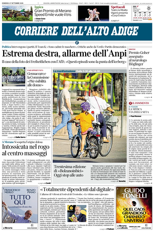 Prima pagina Corriere dell'Alto Adige di oggi - Quotidiano regionale